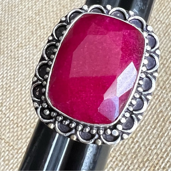 New Enhanced Faceted Ruby Silver Overlay Ring 7.75 - Picture 2 of 5